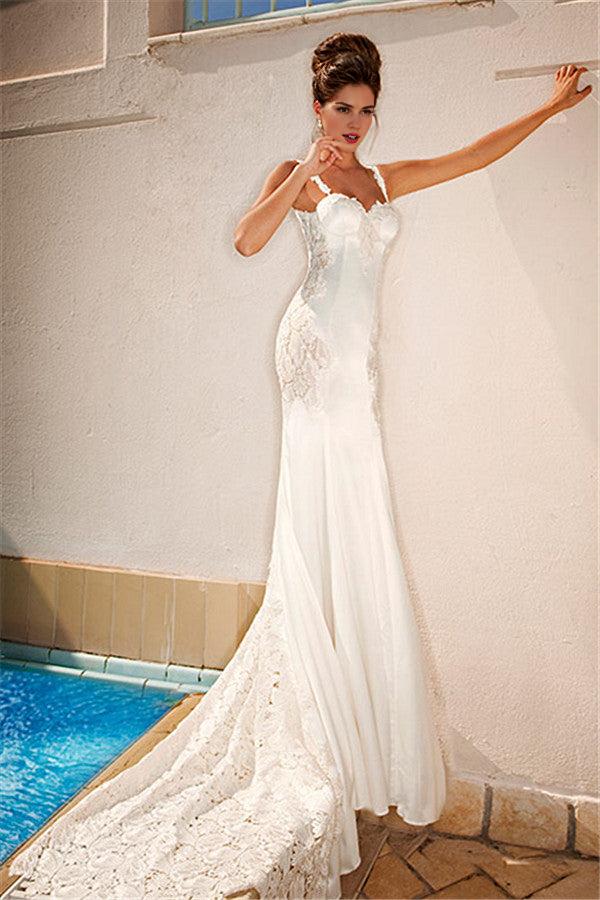 Spaghetti Straps Mermaid Lace Wedding Dresses Open Back Sweep Train Bridal Gowns