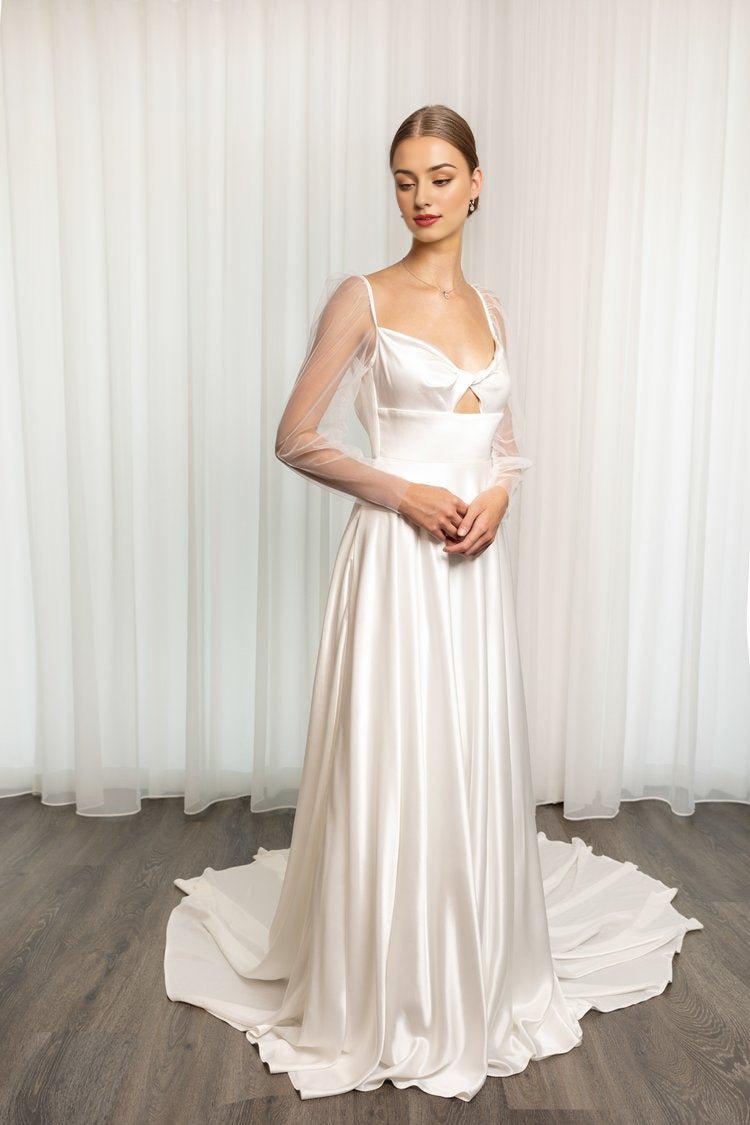 Ivory Silky Satin A-Line Wedding Gown with Sheer Long Sleeves