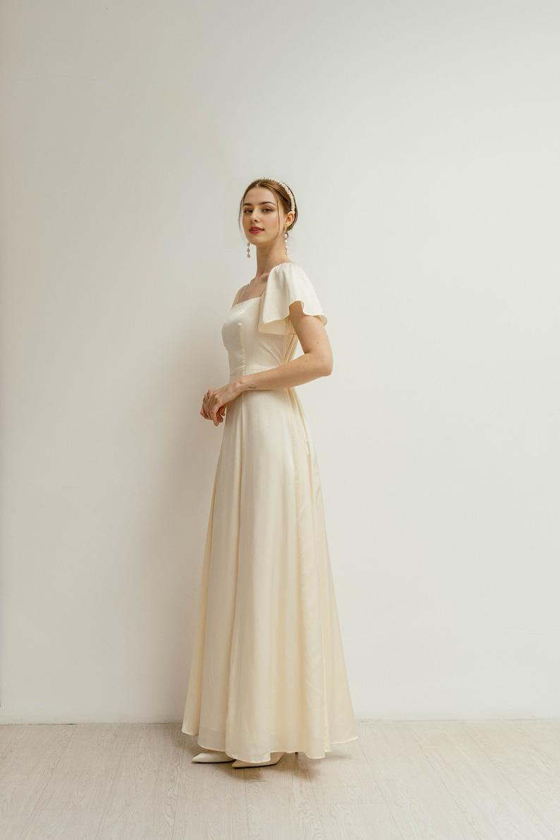 Floor Length Dress Flutter Short Sleeves Square neck Dress Simple Satin Wedding Dress