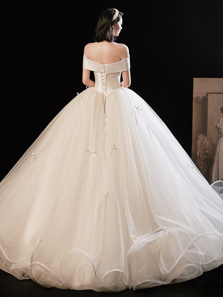 Off Shoulder Tulle Long Wedding Dress Ivory Bridal Gown