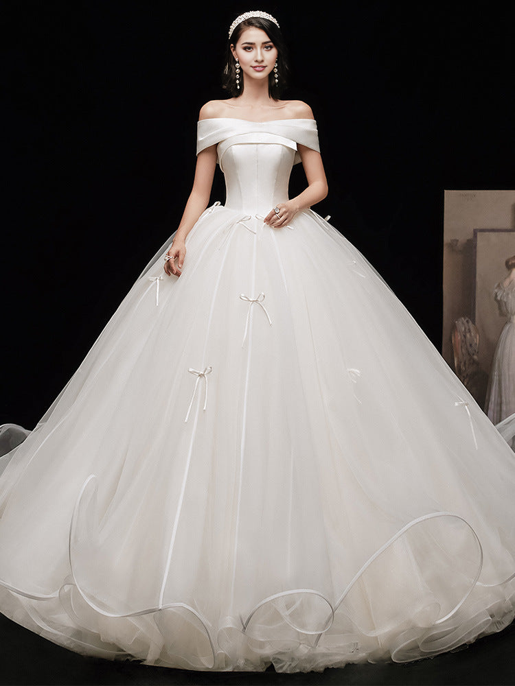 Off Shoulder Tulle Long Wedding Dress Ivory Bridal Gown