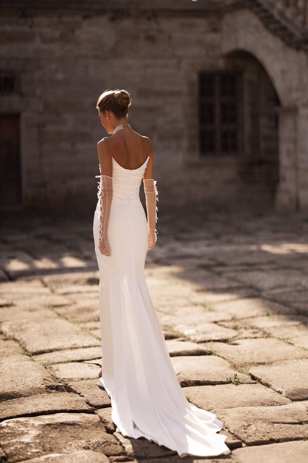 Satin A-Line Wedding Dress with Lace Sleeves and Off-Shoulder Detail in Ivory