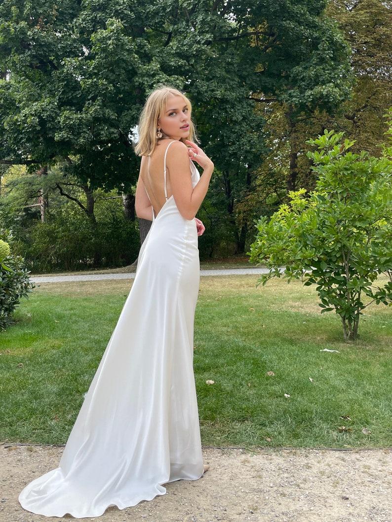 Wedding Dress With Cowl Neck And Train In Ivory Open Back Satin Slip Dress For Receptionss