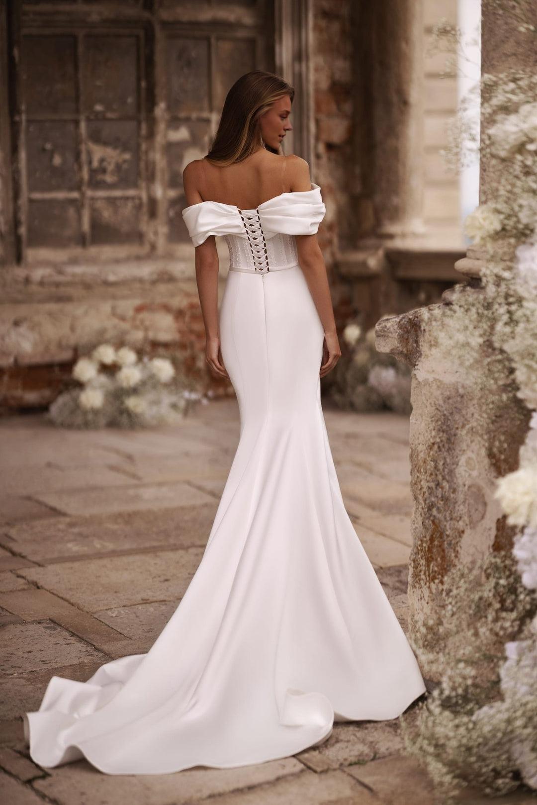 Ivory Off-Shoulder Satin Wedding Dress with Corset and High Slit