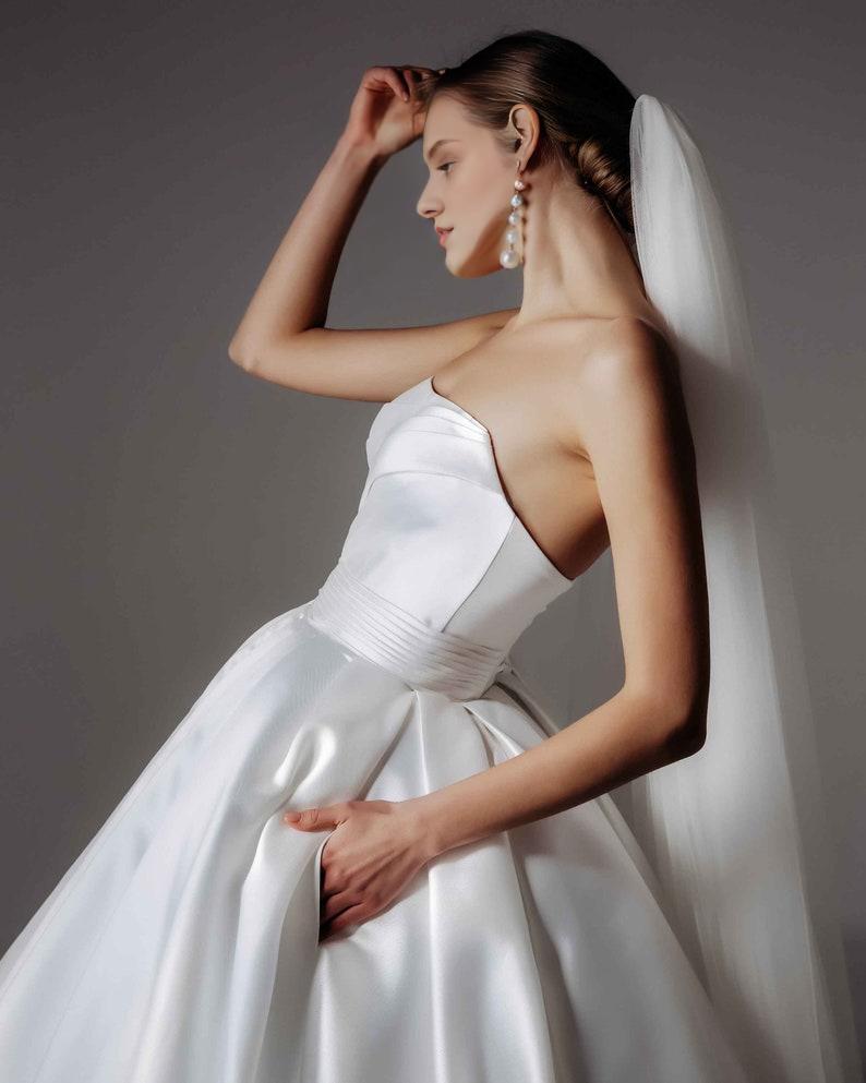 Satin Wedding Gown with Train Lush Royal Wedding Dress Open Shoulders Princess Wedding A line Ball Bridal Dress Ivory Cathedral Dress