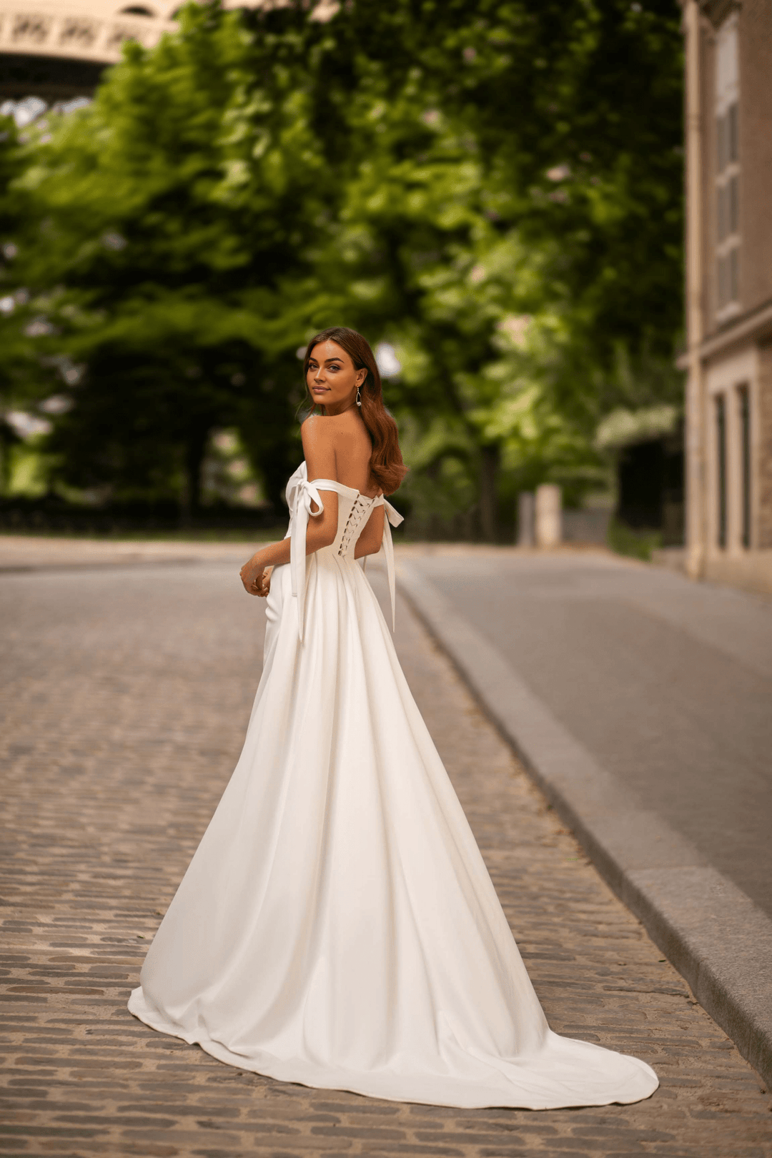 Ivory Corset Back Wedding Dress with High Slit Off Shoulder Wedding Dress with Bow Sleeves
