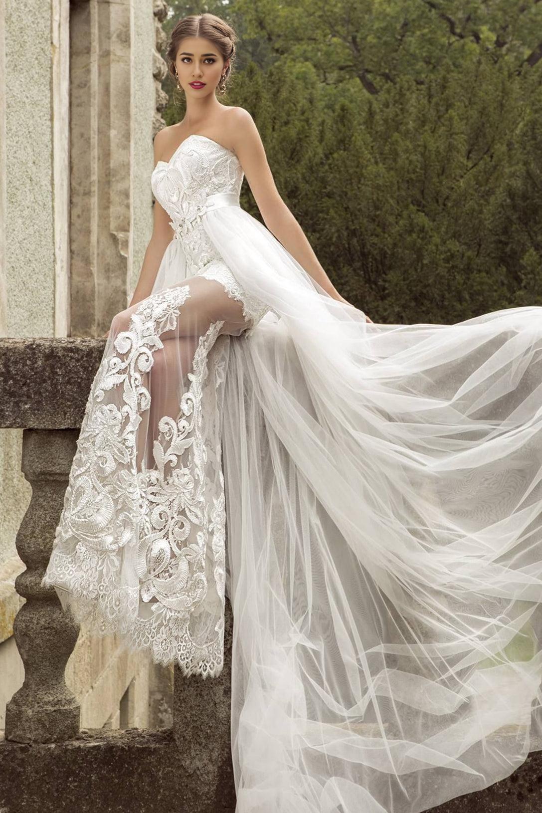 Sweetheart Tulle Train Bridal Dress Lace Appliques Wedding Dress