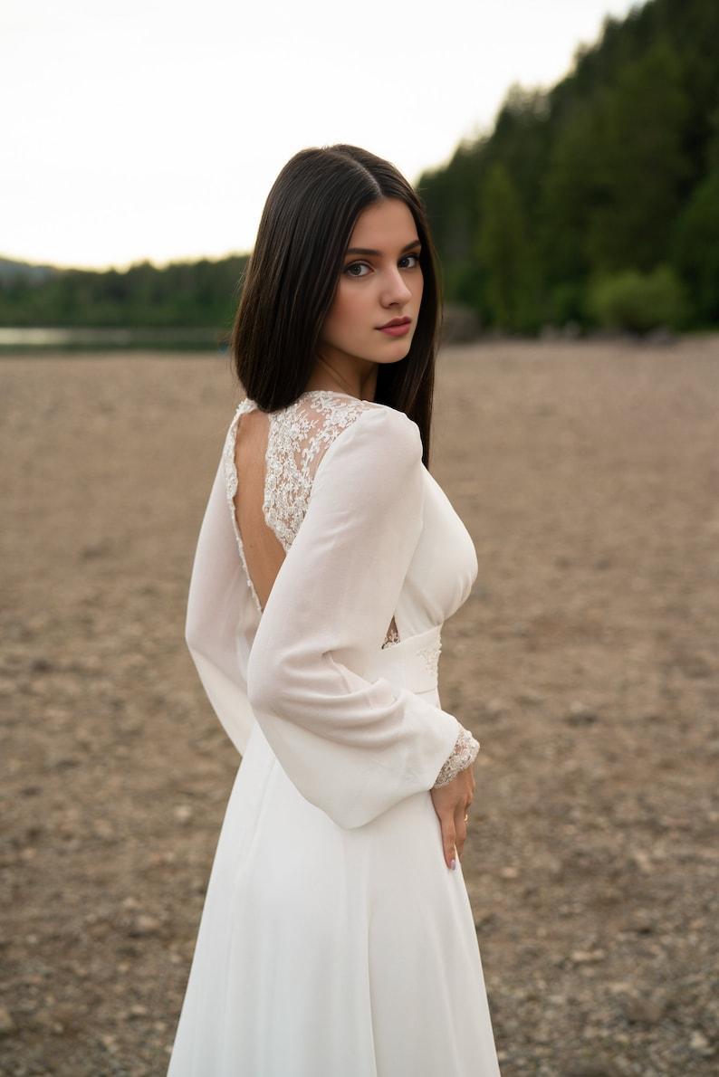 Ivory Lace Wedding Dress Long-sleeve Button Back Long Train Gown Open Back Lace & Chiffon