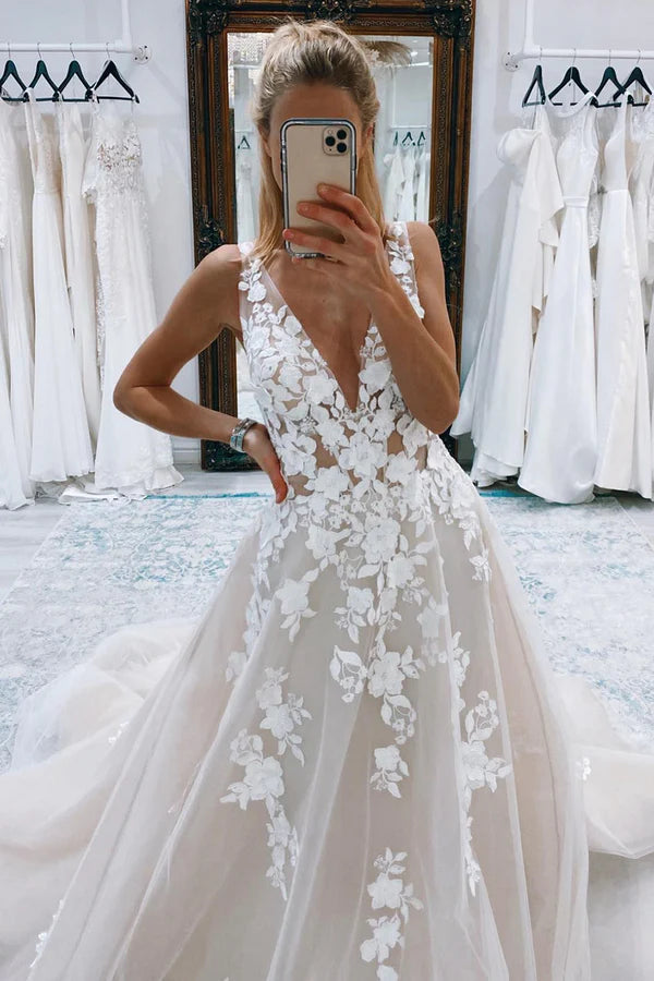Ivory A-Line Ivory V-Neck Long Tulle Wedding Dress with Appliques