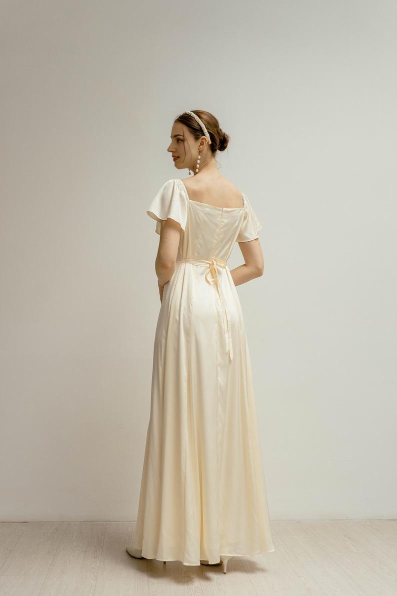 Floor Length Dress Flutter Short Sleeves Square neck Dress Simple Satin Wedding Dress