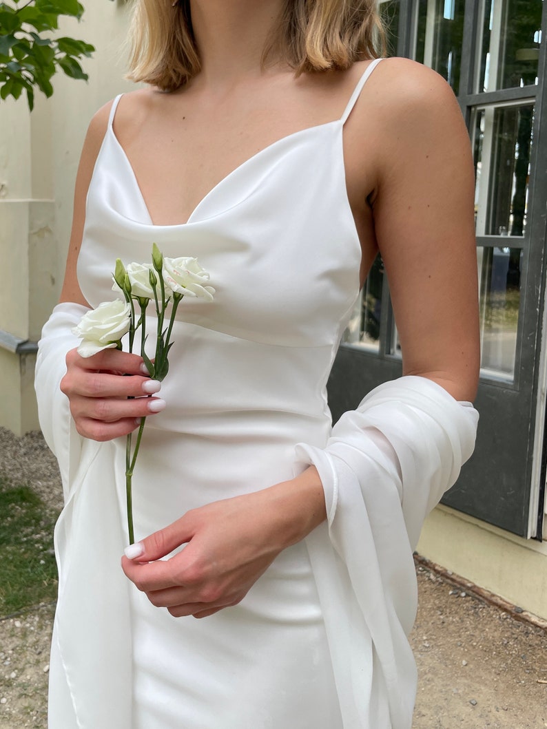 Wedding Dress With Cowl Neck And Train In Ivory Open Back Satin Slip Dress For Receptionss