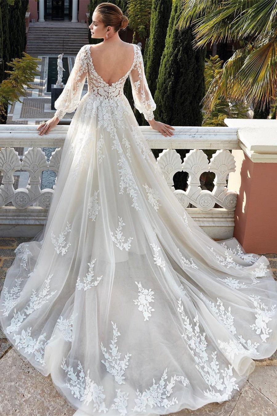 V-Neck Backless Long Sleeves Bridal Gowns With Appliques
