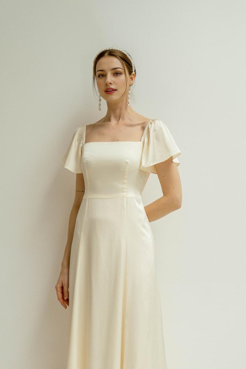 Floor Length Dress Flutter Short Sleeves Square neck Dress Simple Satin Wedding Dress