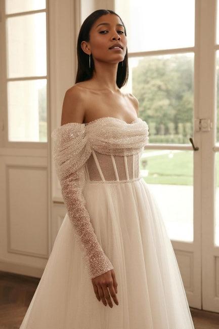 Noble long sleeved off shoulder long bridal dress