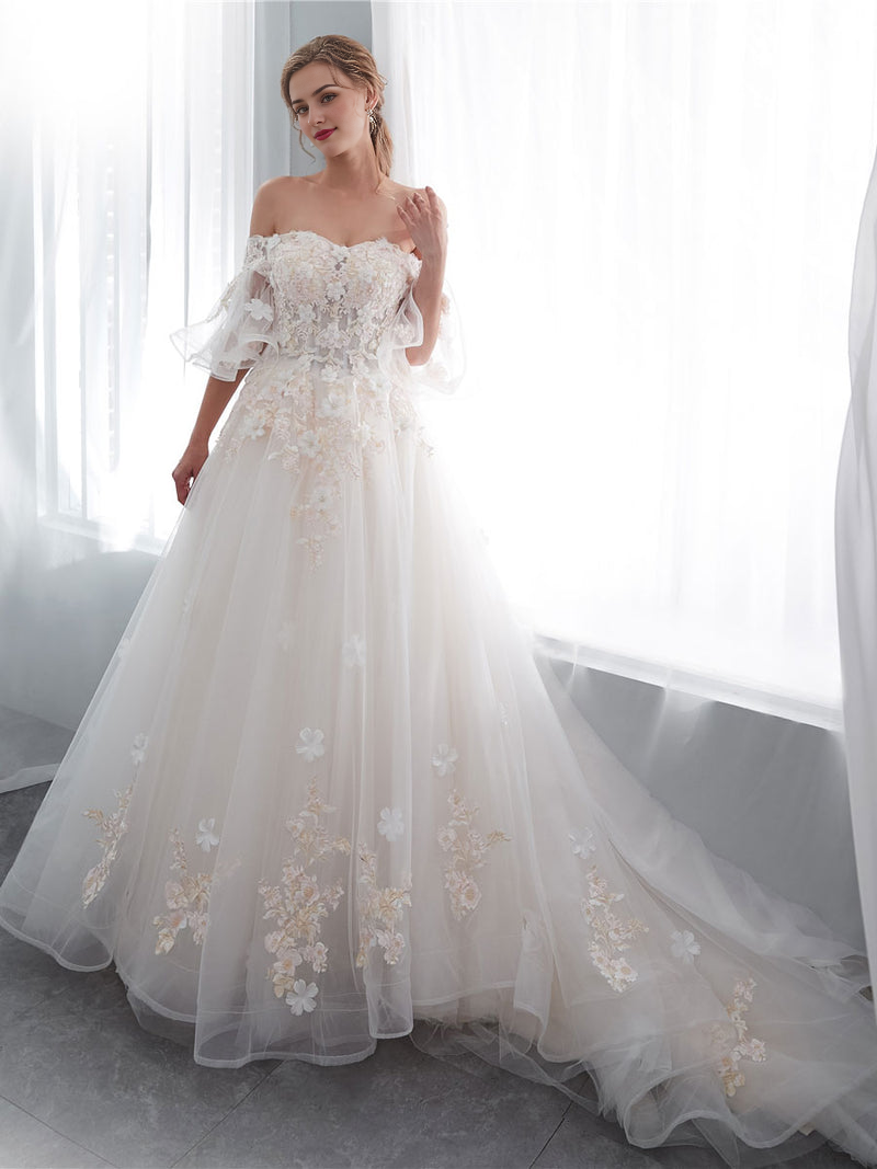 Long Lace Wedding Dress Ivory Tulle Lace Wedding Gown
