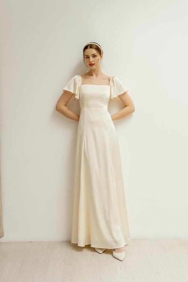 Floor Length Dress Flutter Short Sleeves Square neck Dress Simple Satin Wedding Dress