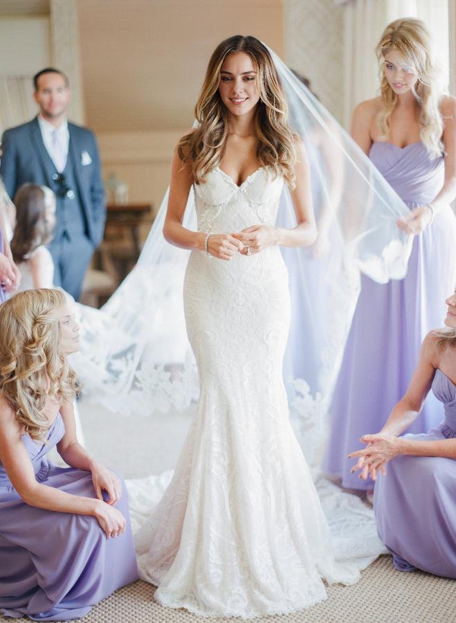 Mermaid Spaghetti Strapless Bridal Gown Lace Backless Trumpet Court Train Wedding Dress