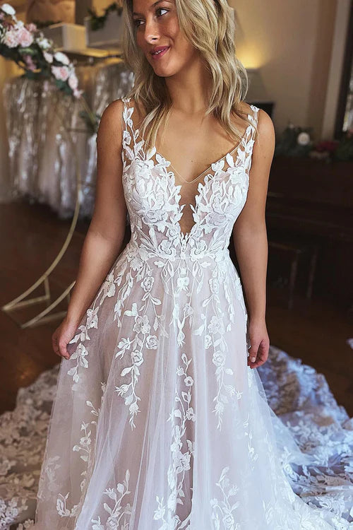Ivory A-Line V-Neck Backless Long Lace Wedding Dress