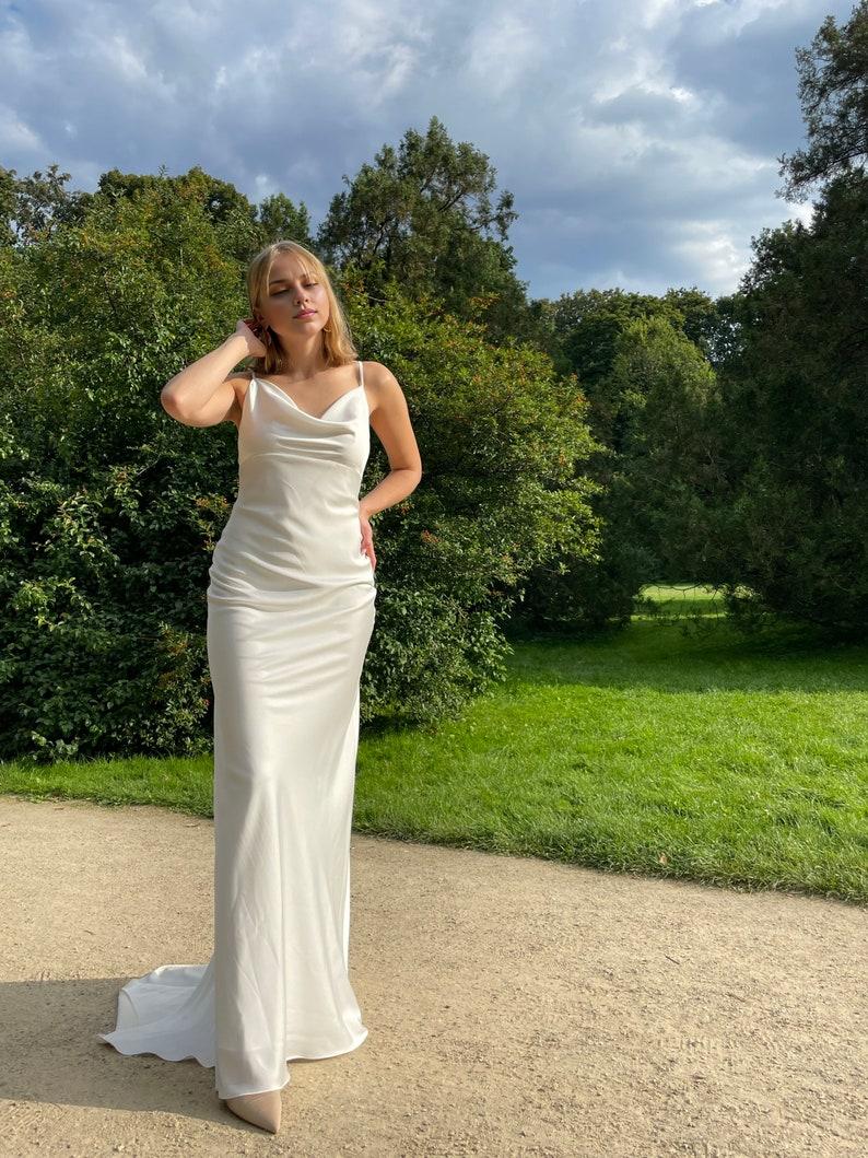 Wedding Dress With Cowl Neck And Train In Ivory Open Back Satin Slip Dress For Receptionss