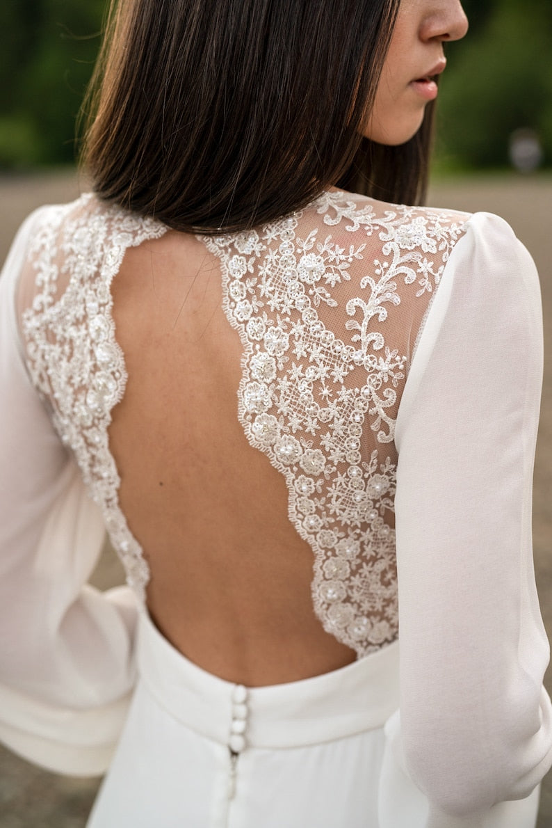 Ivory Lace Wedding Dress Long-sleeve Button Back Long Train Gown Open Back Lace & Chiffon