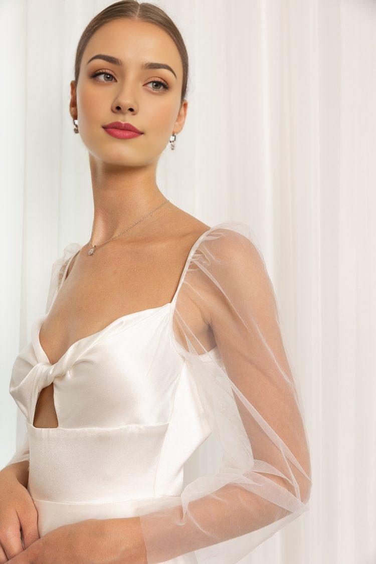 Ivory Silky Satin A-Line Wedding Gown with Sheer Long Sleeves