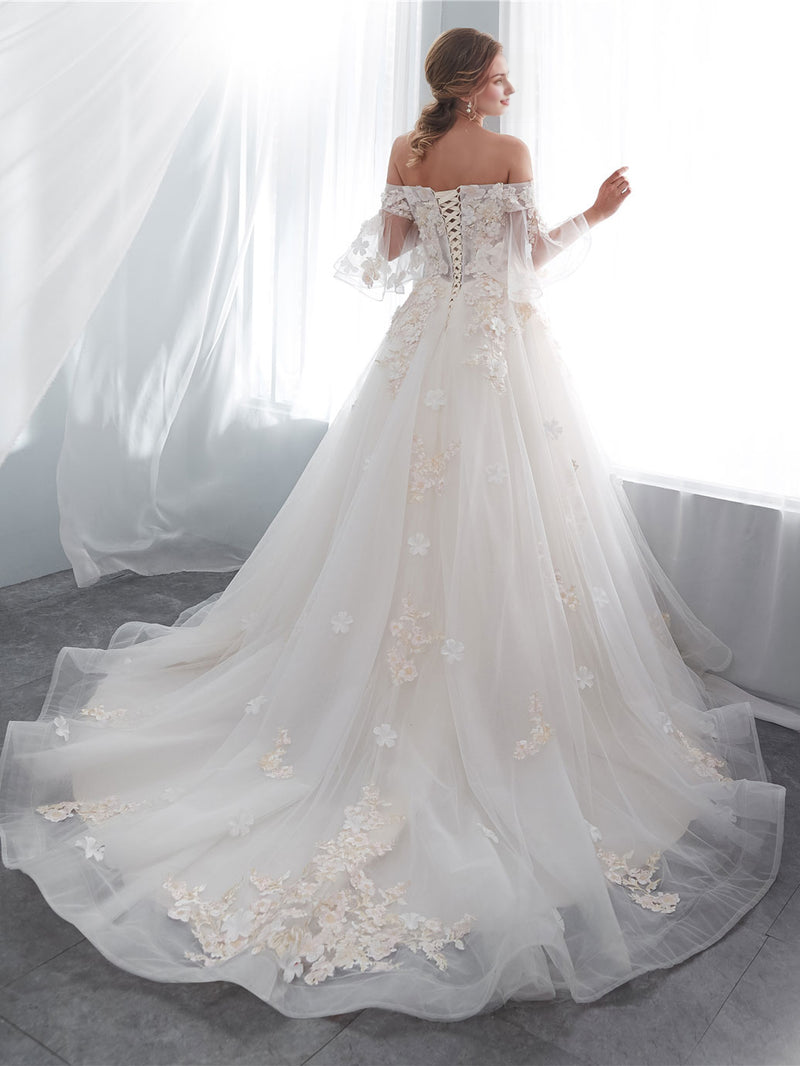 Long Lace Wedding Dress Ivory Tulle Lace Wedding Gown