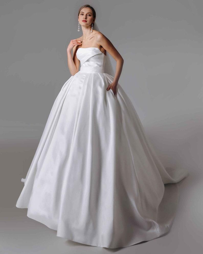 Satin Wedding Gown with Train Lush Royal Wedding Dress Open Shoulders Princess Wedding A line Ball Bridal Dress Ivory Cathedral Dress