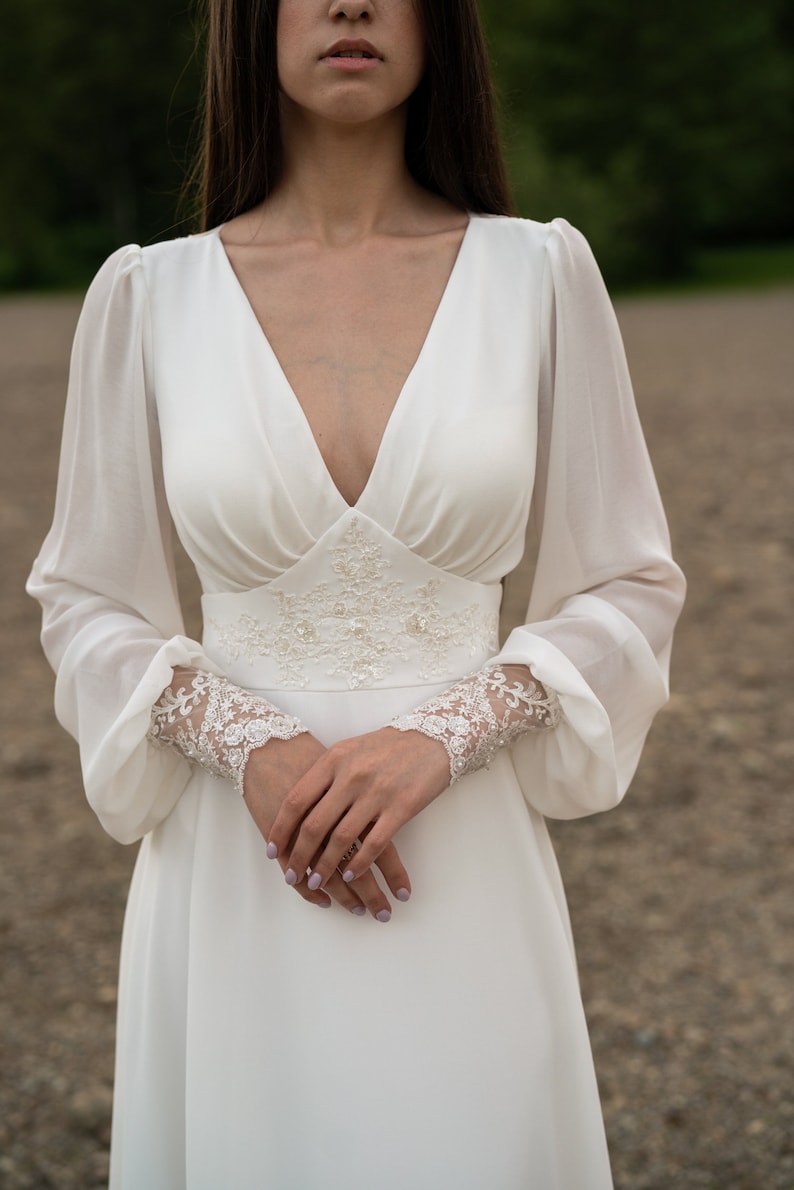 Ivory Lace Wedding Dress Long-sleeve Button Back Long Train Gown Open Back Lace & Chiffon