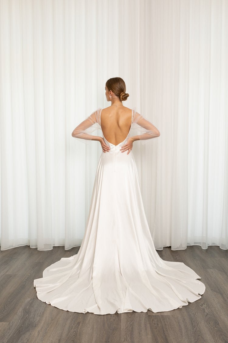 Ivory Silky Satin A-Line Wedding Gown with Sheer Long Sleeves