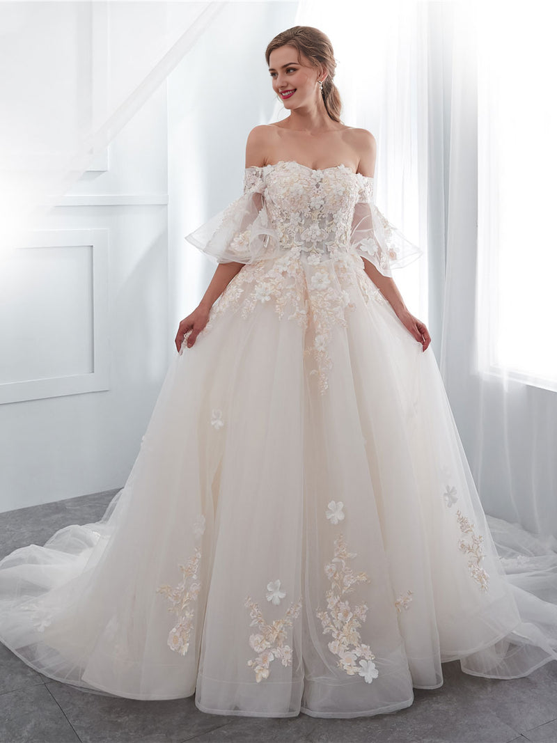 Long Lace Wedding Dress Ivory Tulle Lace Wedding Gown