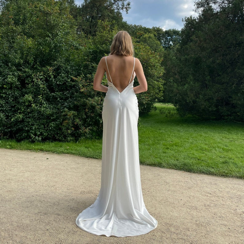 Wedding Dress With Cowl Neck And Train In Ivory Open Back Satin Slip Dress For Receptionss