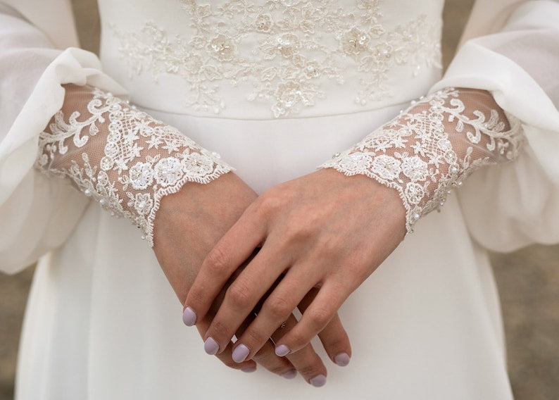 Ivory Lace Wedding Dress Long-sleeve Button Back Long Train Gown Open Back Lace & Chiffon