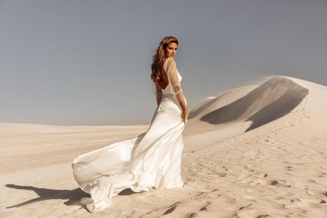 Ivory Silky Satin A-Line Wedding Gown with Sheer Long Sleeves