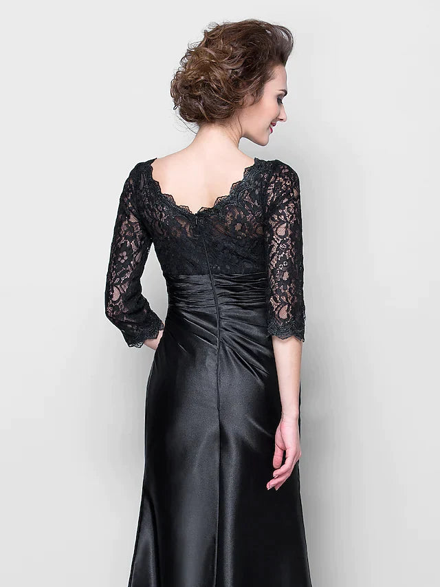 Mother of the Bride Dress See Through Jewel Neck Floor Length Stretch Satin Lace Over Satin Length Sleeve with Lace Ruched Side Draping