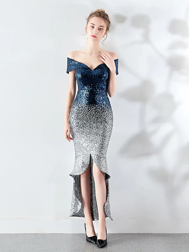 DingjiSexy Wedding Guest Cocktail Party Dress Off Shoulder Sleeveless Asymmetrical Sequined with Sequin