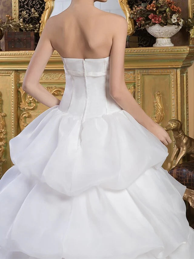 DingjiBall Gown Wedding Dresses Strapless Court Train Organza Satin Strapless with Pick Up Skirt Bow(s)