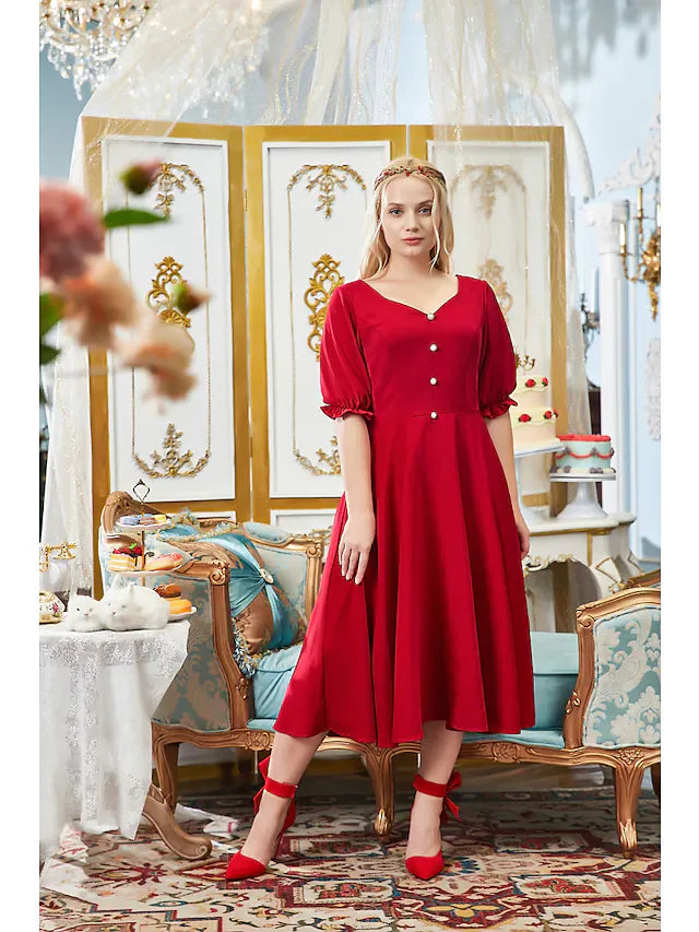 DingjiA-Line Plus Size Elegant Engagement Prom Dress V Neck Half Sleeve Tea Length Stretch Fabric with Buttons Pleats