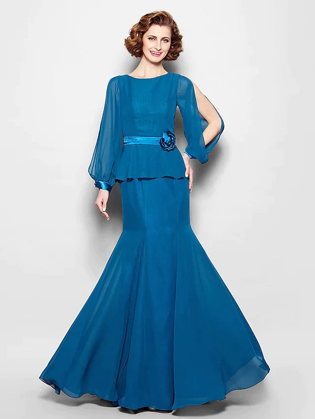 Mother of the Bride Dress Vintage Inspired Jewel Neck Floor Length Chiffon Long Sleeve with Sash Ribbon Flower