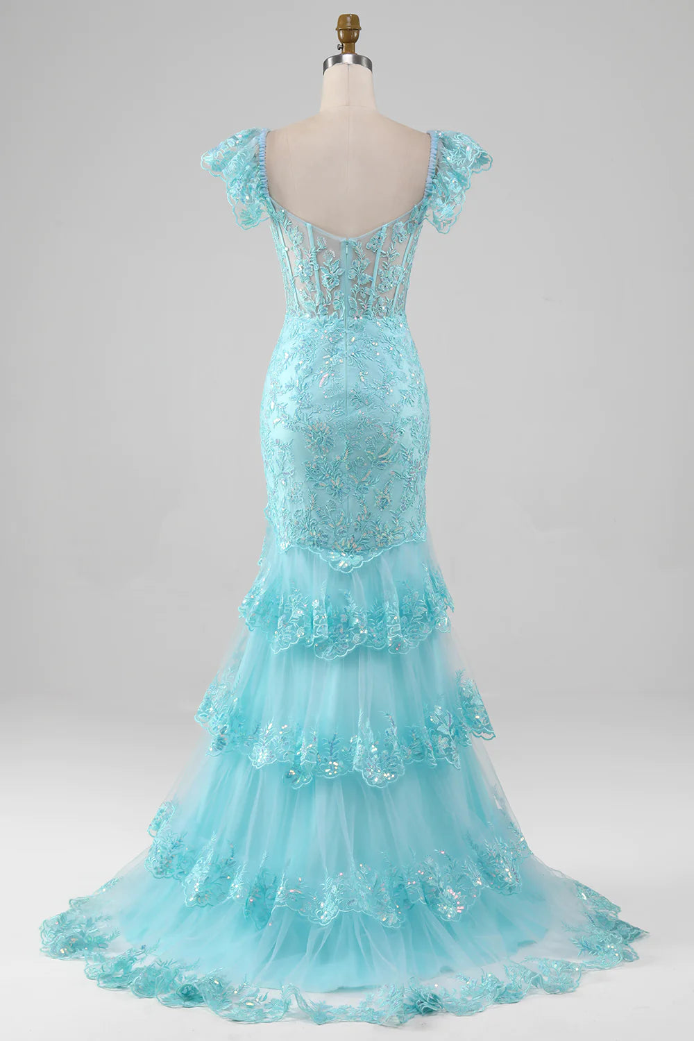 Sky Blue Off the Shoulder Lace and Sequin Mermaid Prom Dress with Slit