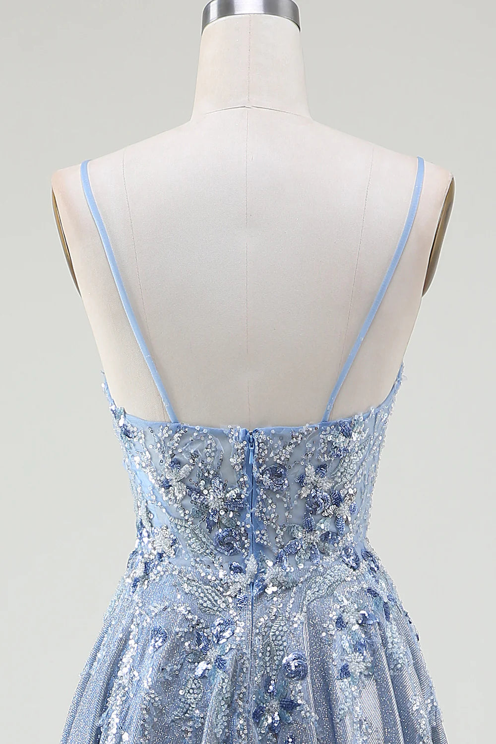 Glitter A-Line Spaghetti Straps Grey Blue Prom Dress