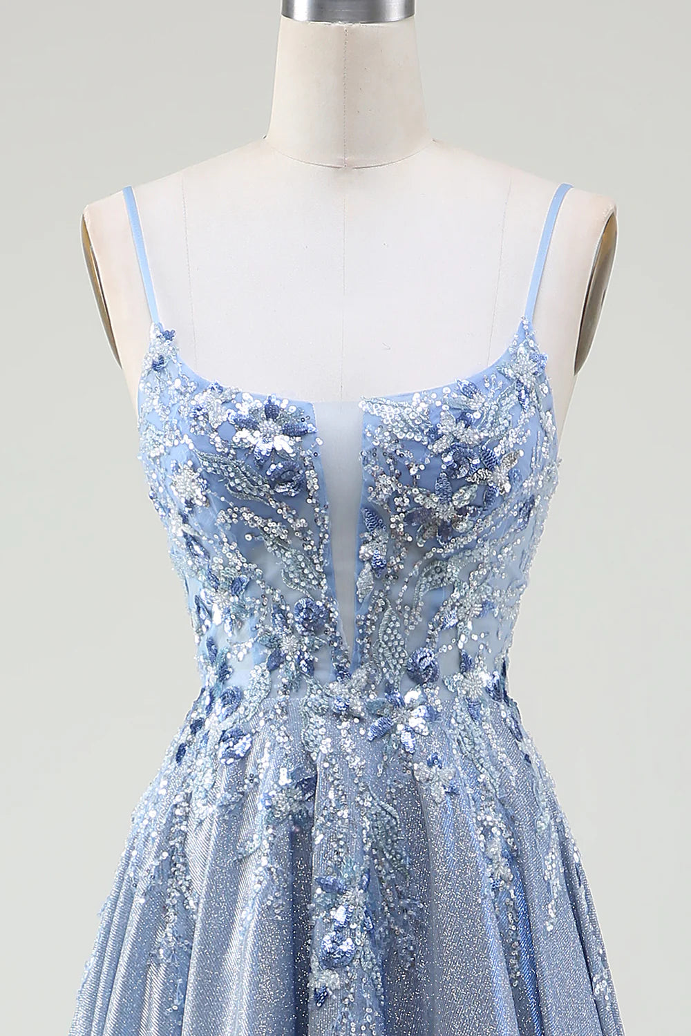 Glitter A-Line Spaghetti Straps Grey Blue Prom Dress
