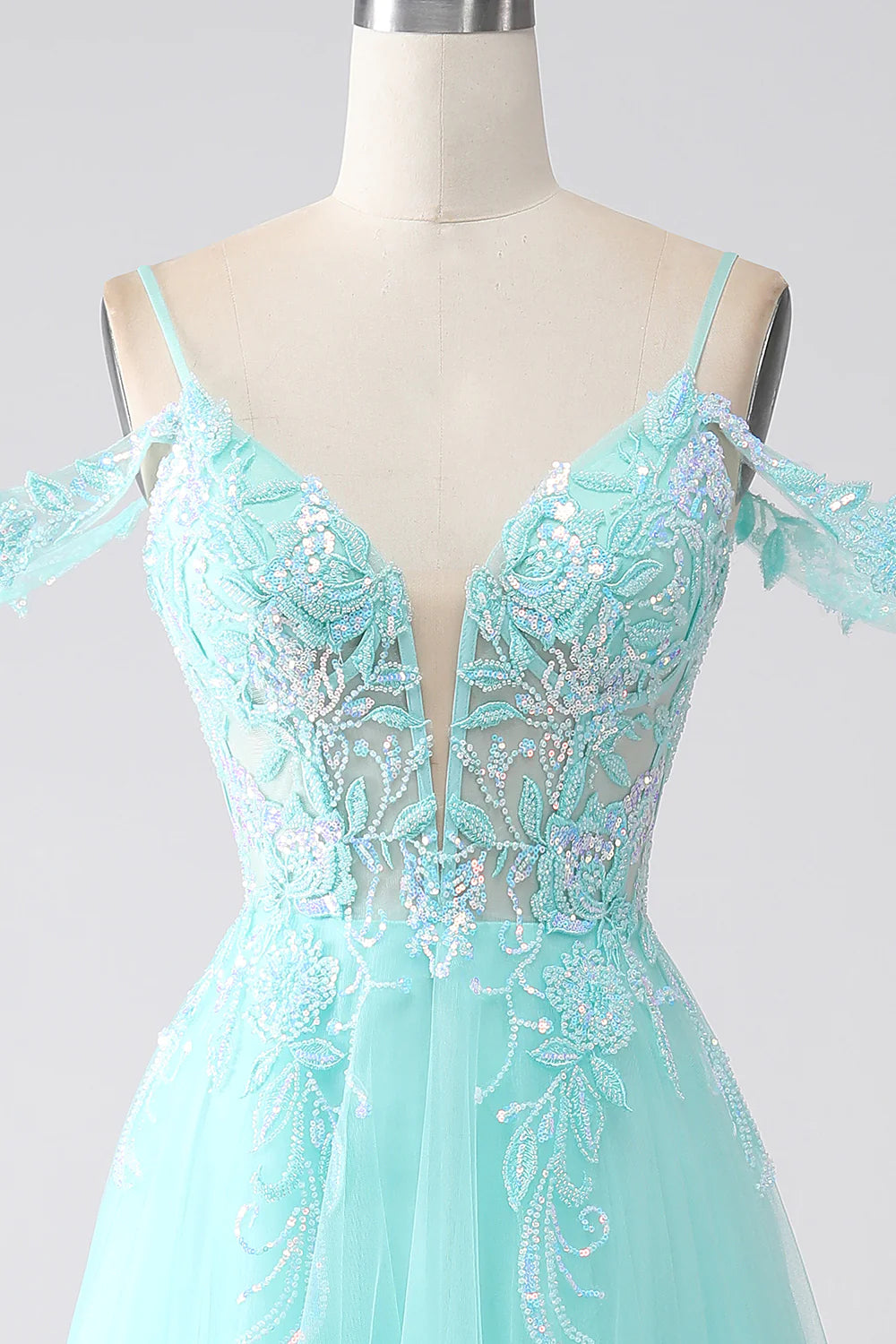 Light Green Cold Shoulder Sequins Prom Dress