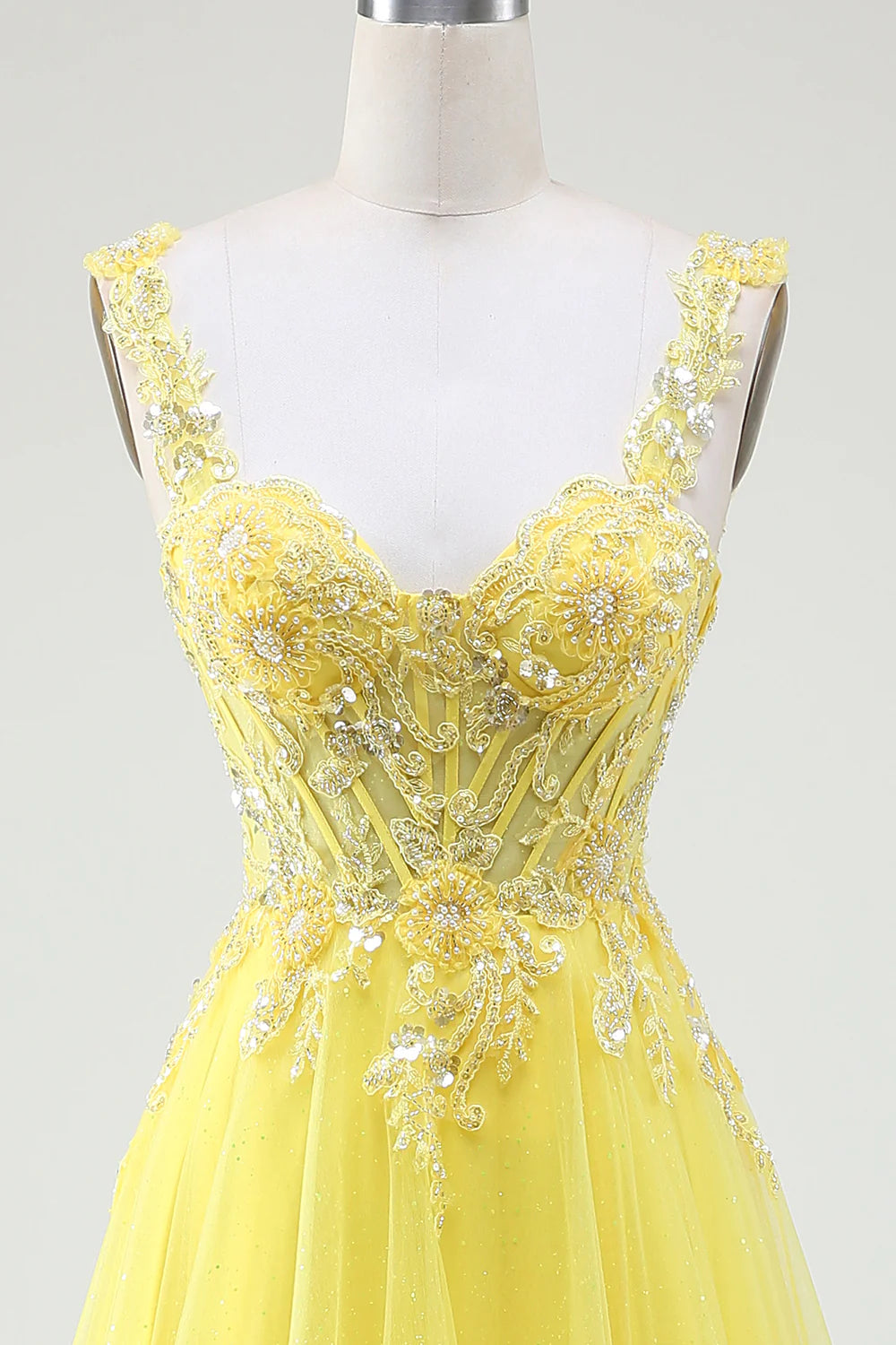 Tulle Beaded Yellow Corset Prom Dress with Slit