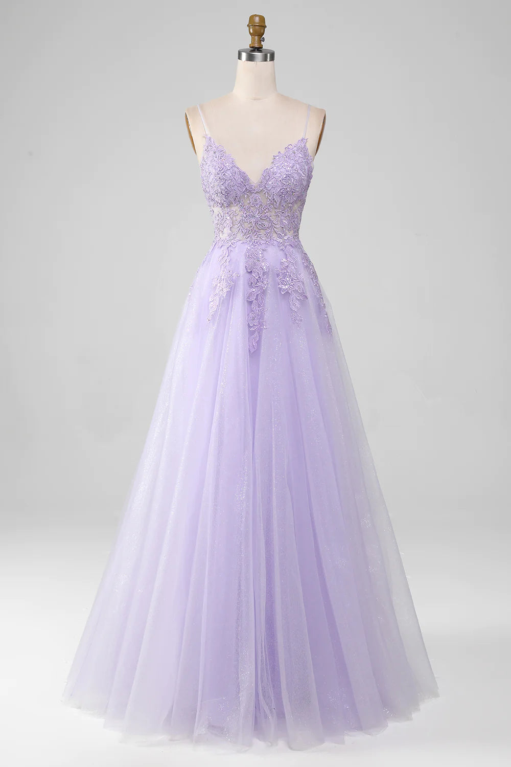 Sparkly Light Purple A-Line Spaghetti Straps Long Prom Dress With Beading