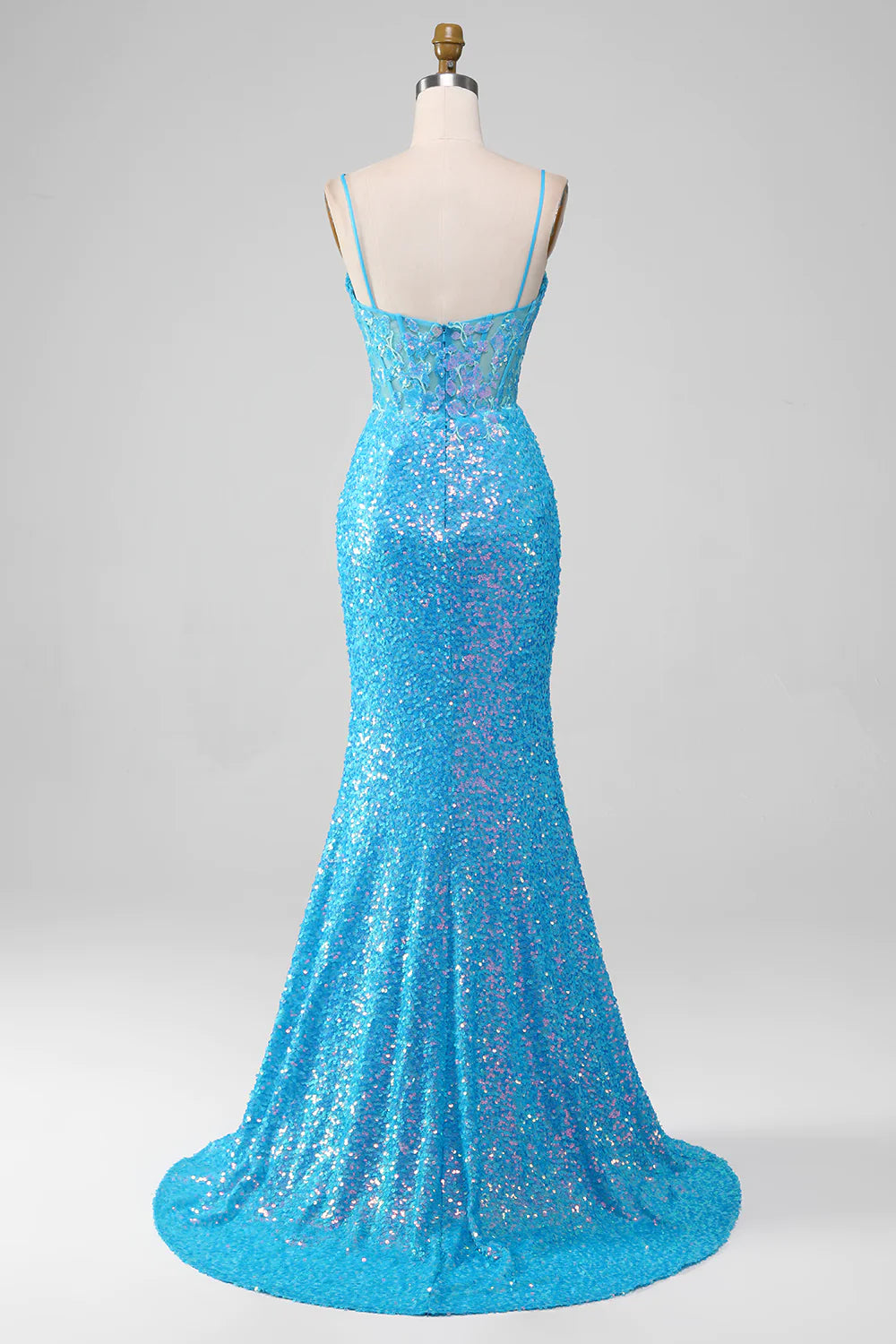 Spaghetti Straps Blue Sparkly Corset Prom Dress with Slit