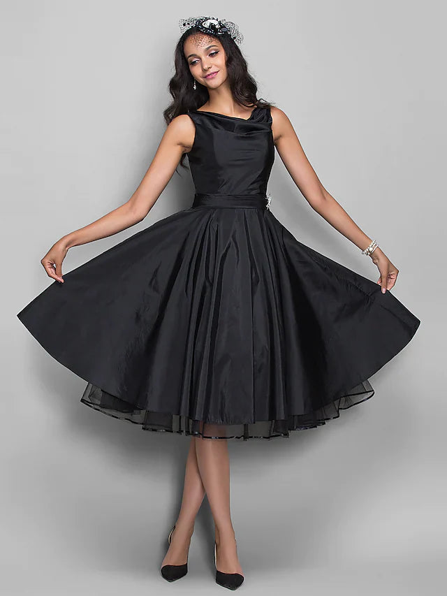 DingjiBall Gown Cocktail Party Prom Dress V Neck Sleeveless Knee Length Taffeta with Pleats Crystals