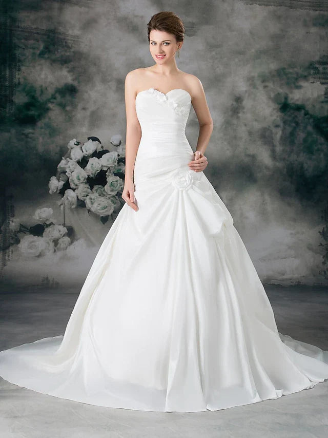 DingjiA-Line Wedding Dresses Sweetheart Neckline Court Train Satin Taffeta Strapless with Ruched Side-Draped