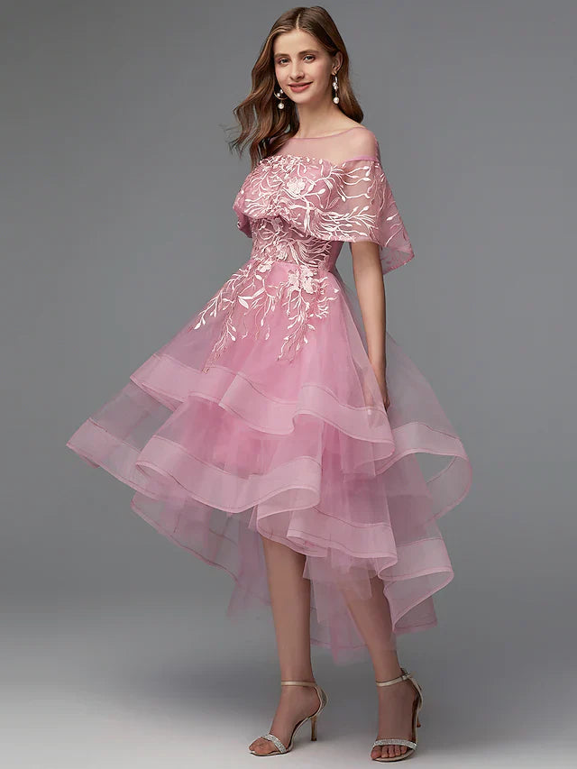 DingjiA-Line Elegant High Low Holiday Cocktail Party Prom Dress Illusion Neck Sleeveless Asymmetrical Lace Tulle with Lace Insert