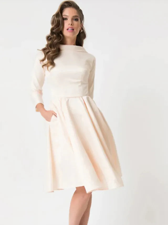 A-Line Wedding Dresses Jewel Neck Knee Length Charmeuse Length Sleeve Vintage Little White Dress 1950s Cute with Draping