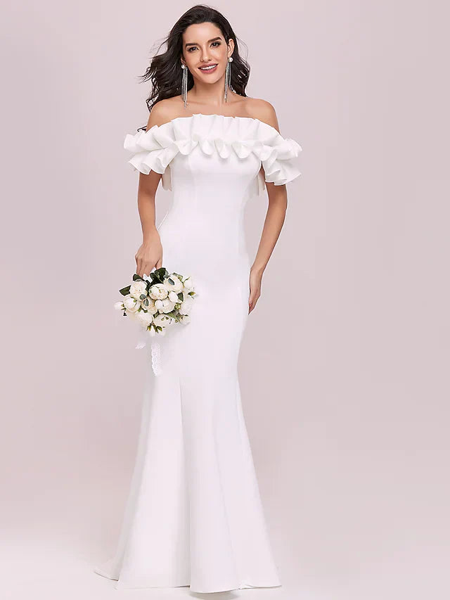 Wedding Dresses Spaghetti Strap Off Shoulder Stretch Fabric Cap Sleeve Romantic Elegant with RufflesWedding Dresses Spaghetti Strap Off Shoulder Stretch Fabric Cap Sleeve Romantic Elegant with Ruffles